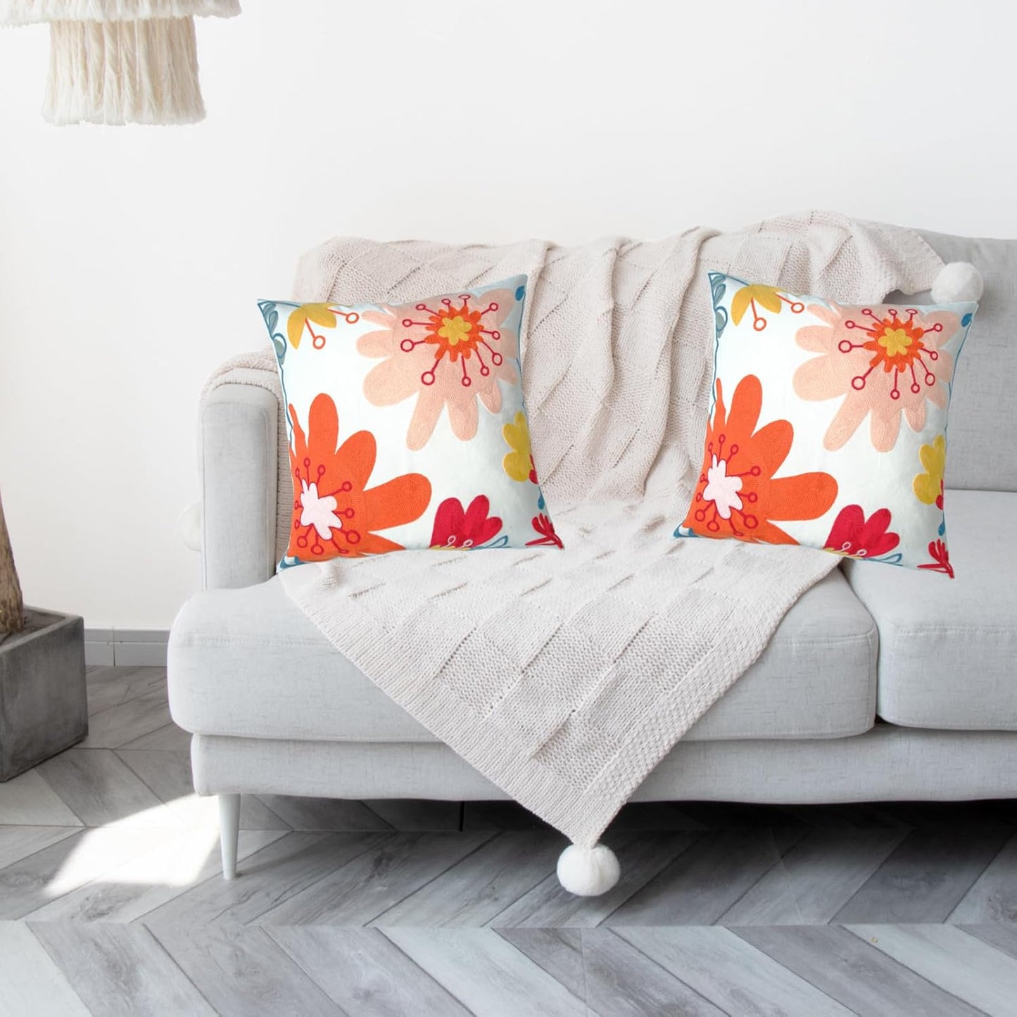 Embroidered Decorative Throw Pillow Cover, 18"x18" Set of 2, Farmhouse Pillowcase Pink Red Flower Knit Pattern Cotton Canvas Cushion Case Square Floral Pillow Case for Sofa Couch Bed Living Room…