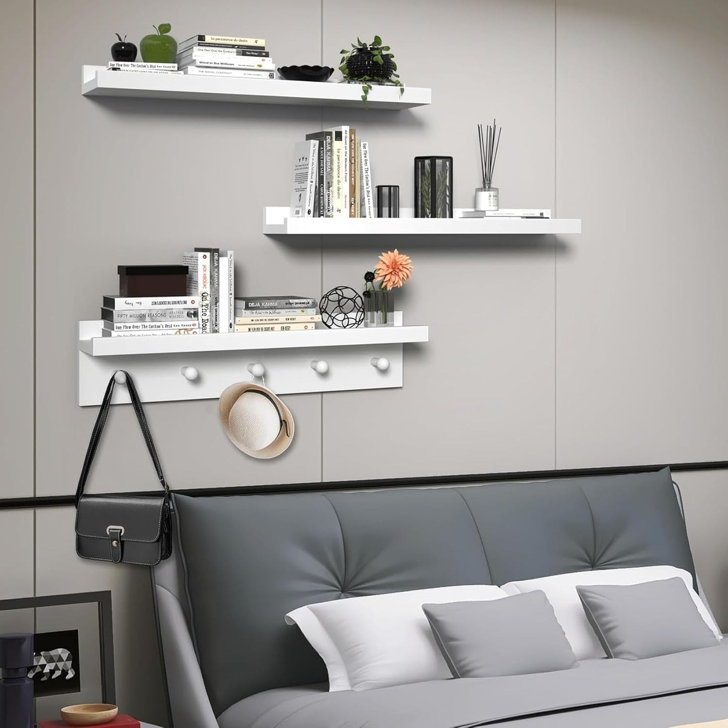 MBYD Picture Shelf Ledge, 24 Inch Floating Shelves for Wall, Nursery Book Shelves with Hooks Set of 3, Floating Shelf Wall Mounted for Bathroom,Kids Room, Living Room, Kitchen Bedroom White