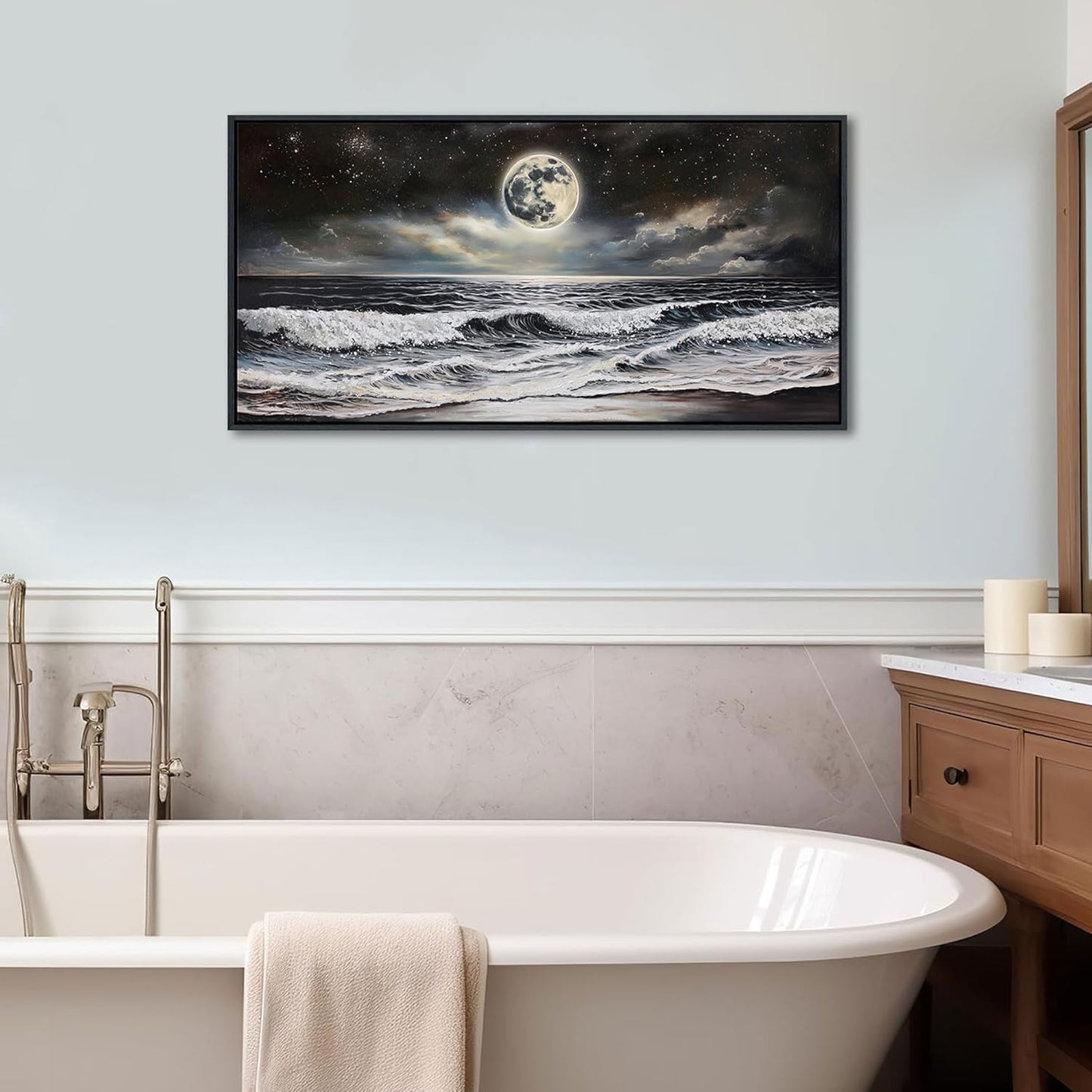 QZQCBLC Black and White Wall Art, Sea Beach Pictures Moon Starry Clouds Ocean Scene Framed Canvas Paintings Artwork for Living room Bathroom Bedroom Home Office Wall Pictures Decor 20x40 IN
