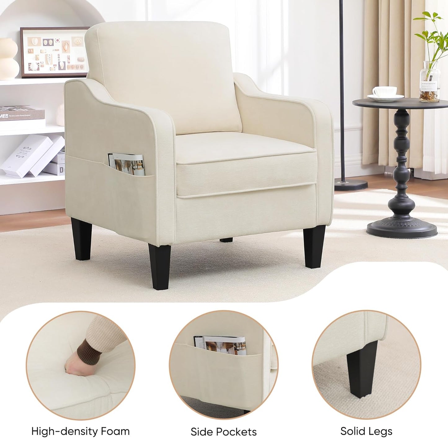 Accent Chairs Set of 2, Upholstered Living Room Chairs with Side Pockets, Mid Century Modern Reading Chair for Bedroom, Comfy Armchair Single Sofa Side Chair for Office, Small Room, Beige