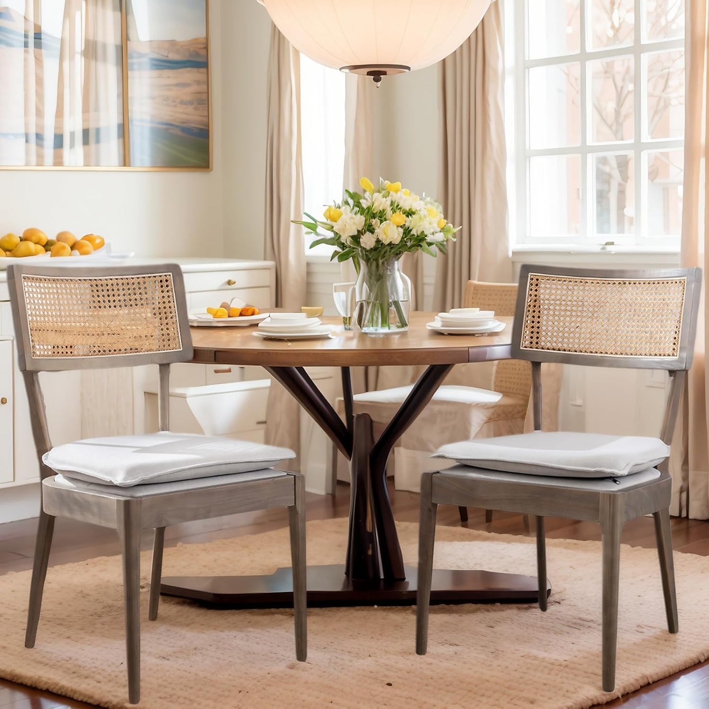 Rattan Dining Chairs Set Of 2 , Mid Century Modern Upholstered Cane Back Chairs with Removable Linen Cushion , Retro Farmhouse Natural Wooden Kitchen & Dining Room Chairs for Restaurant Living Room