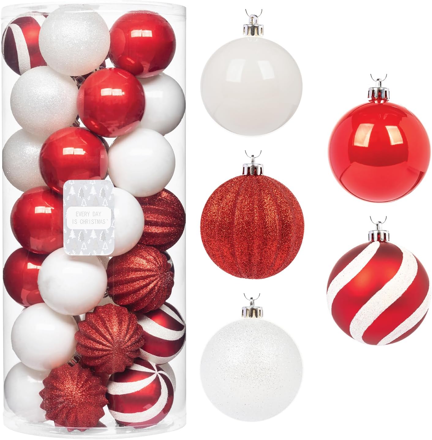 Every Day is Christmas Ornaments, Shatterproof Christmas Tree Ornament Set, Christmas Balls Decoration 35 Count (2.75"/70mm, Red White)