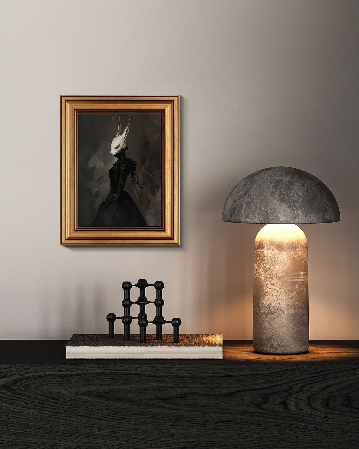 HUARCEY Gold Framed Vintage Wall Art Canvas Prints Gothic Room Decor Vintage Rabbit Lady Wall Decor, Aesthetic Dark Academia Halloween Pictures Oil Painting Goth Decorations 8x10in