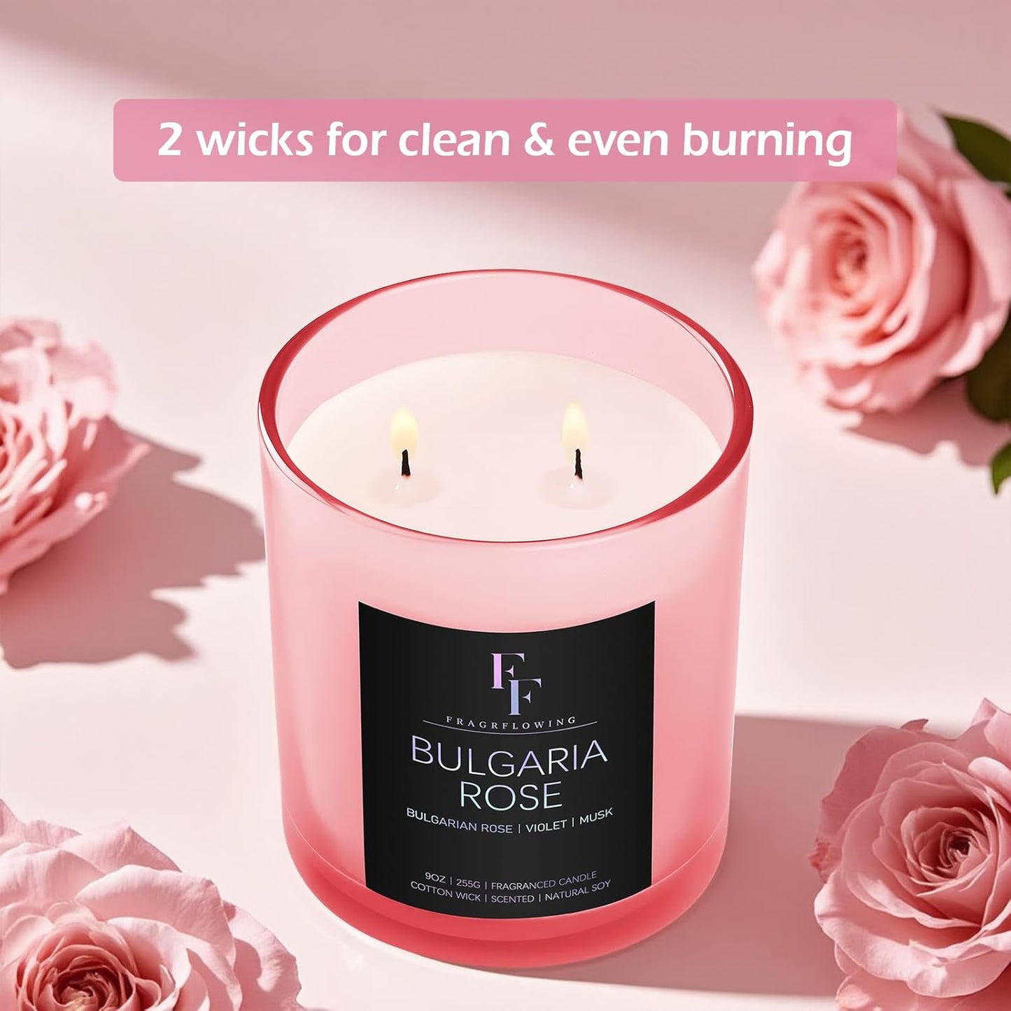 Bulgaria Rose Scented Candle, 2-Wick Luxury Soy Wax Candle, 9 oz Aromatherapy Candle Home Fragrance Candles Gift
