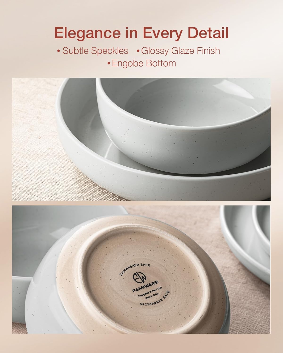 Famiware Milkyway Stoneware Dinnerware Sets with Pasta Bowls, Service for 4 (16 Pieces), Plates and Bowls Sets -Scratch Resistant, Microwave and Dishwasher Safe Dishes Set, Light Gray