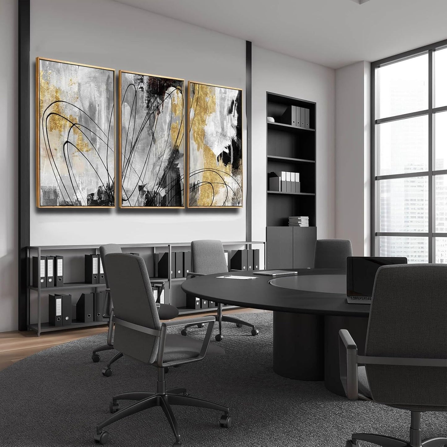 YJYart Gold Wall Art Abstract Wall Art Living Room Decor Black and White Canvas Picture Home Decor Wooden Frame Line Paintings Modern Artwork Office Decor 24"x 36"x 3 Pieces