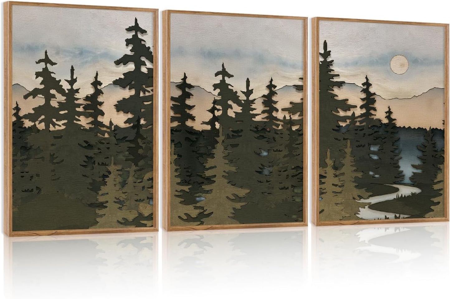 HPNIUB Vintage Mountain Framed Canvas Wall Art Set, Boho Sunrise Art Prints, Forest Nature Wilderness Art Paintings, Abstract Farmhouse Pine Tree Wall Decor for Living Room Bedroom, Office- 16"x24"x3