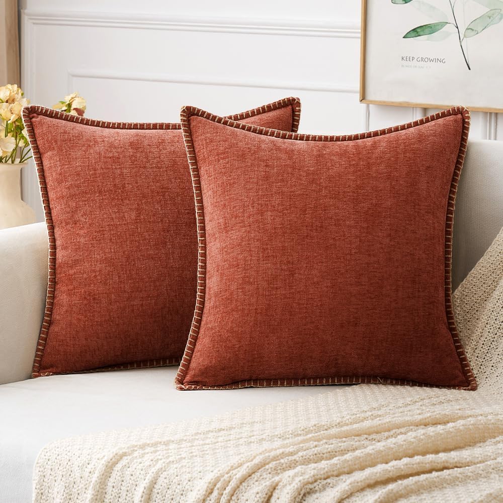 MIULEE Pack of 2 Fall Couch Throw Pillow Covers 20x20 Inch Burnt Orange Farmhouse Decorative Pillow Covers with Stitched Edge Soft Chenille Solid Dyed Pillow Covers for Sofa Bed Living Room
