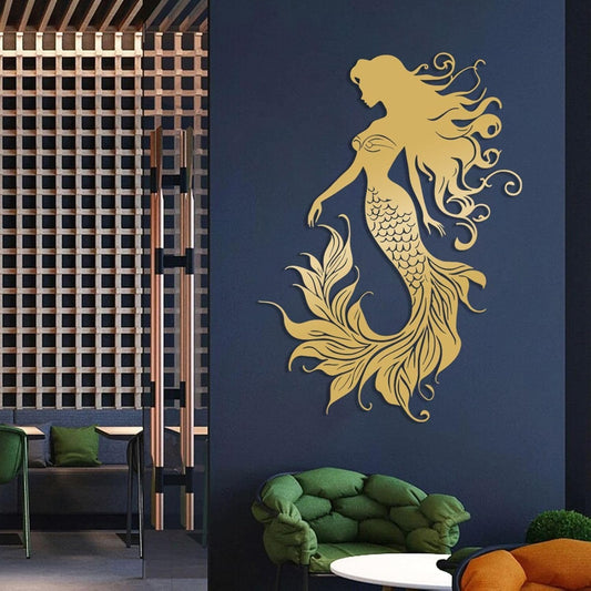 Veplsur Mermaid Metal Wall Art, Metal Mermaid Wall Decor, Marine Biology Wall Decor, Ocean Wall Art, Nautical Wall Hanging, Beach Hanging for Bathroom Bedroom (Gold, 35"x25"|90x64cm)