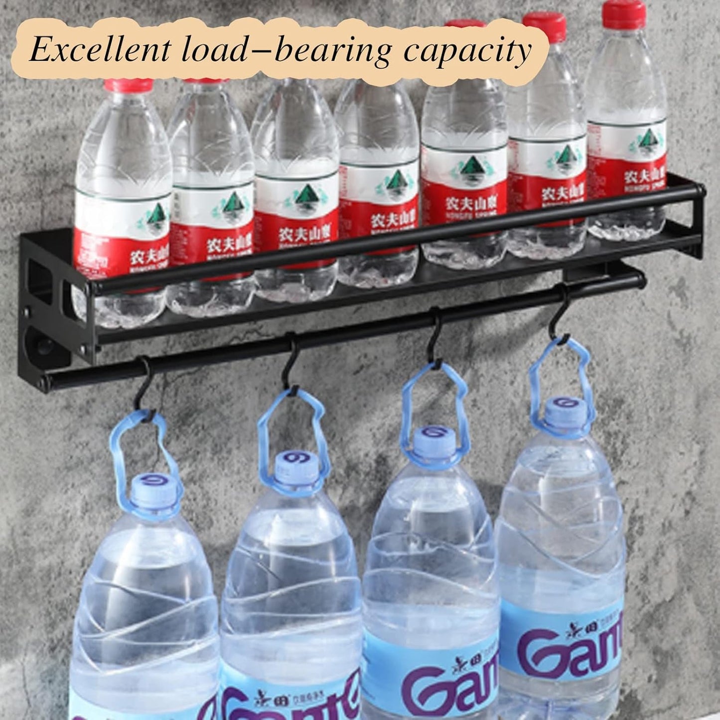 Wall Mount Storage Holder，Stainless Steel Strong Shelf with 6 Removable Hooks, Spice Rack Organizer，Kitchen Organizer Shelf, Space Saving Spice Rack and Kitchen Storage (black)