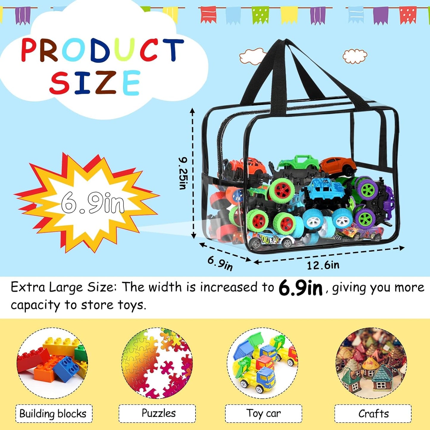 6 Packs Widen X-Large Toy Storage Bags 12.6×9.25×6.9In with Labels, Reusable Clear PVC Board Game Storage, Travel Waterproof Organizer Bags with Zipper for Building Blocks, Puzzle, Stuffed Animals