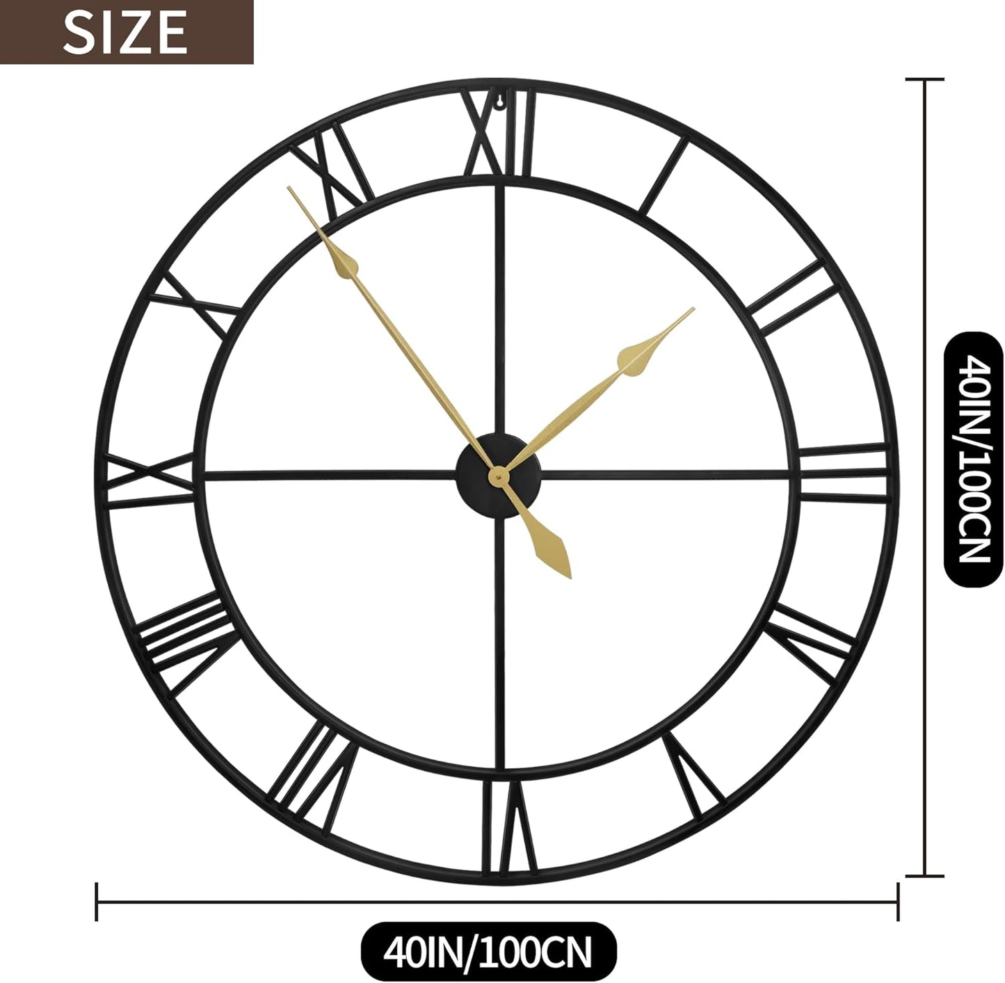 LEIKE 40 Inch Extra Large Modern Wall Clock, Oversize Rustic Round Nearly Silent Battery Operated, Black Metal Roman Numerals Wall Clocks for Living Room, Bedroom, Entrance Home Decor