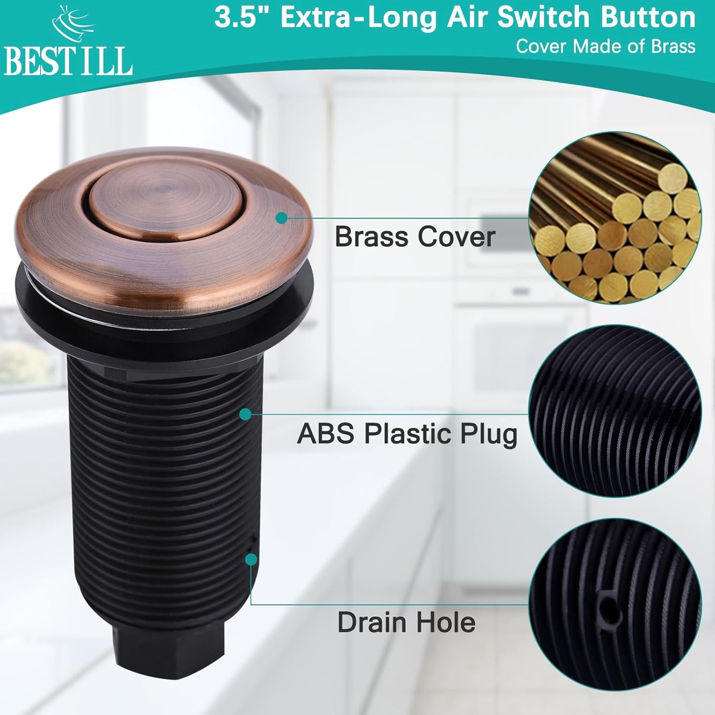 BESTILL Garbage Disposal Air Switch Kit - UL Listed, Cordless Sink Top Switch Button for Waste Disposer, Long Push Button with Brass Cover, Antique Copper, Compatible with all Garbage Disposals