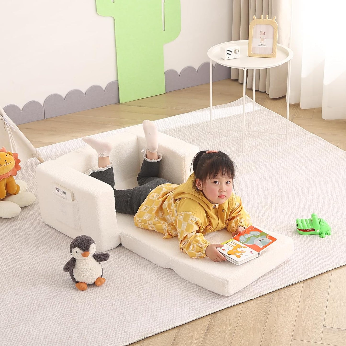 Welnow 2-in-1 Kids Sofa Chair, Convertible Toddler Chair Flip Out Children Sofa Chair Folding Kids Play Sofa with Side Pockets & Removable Cover Armrest Chair for Girl or Boy