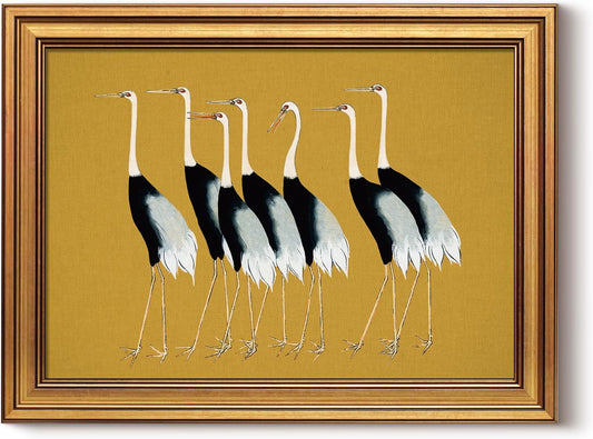 HUARCEY Gold Framed Vintage Wall Art for Living Room, Animals Painting Prints Shelf Decor for Kitchen, Aesthetic Bedroom Wall Art Decor, Christmas Gifts for Friends or Family (Seven Cranes 12"x16")