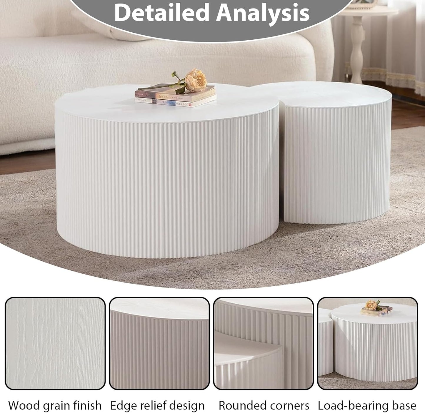 Round Nesting Coffee Table Set of 2 Handcraft Circle Fluted Nesting Coffee Tables Circular Side Table Drum Accent End Tables for Living Room Bedroom (White B Small)