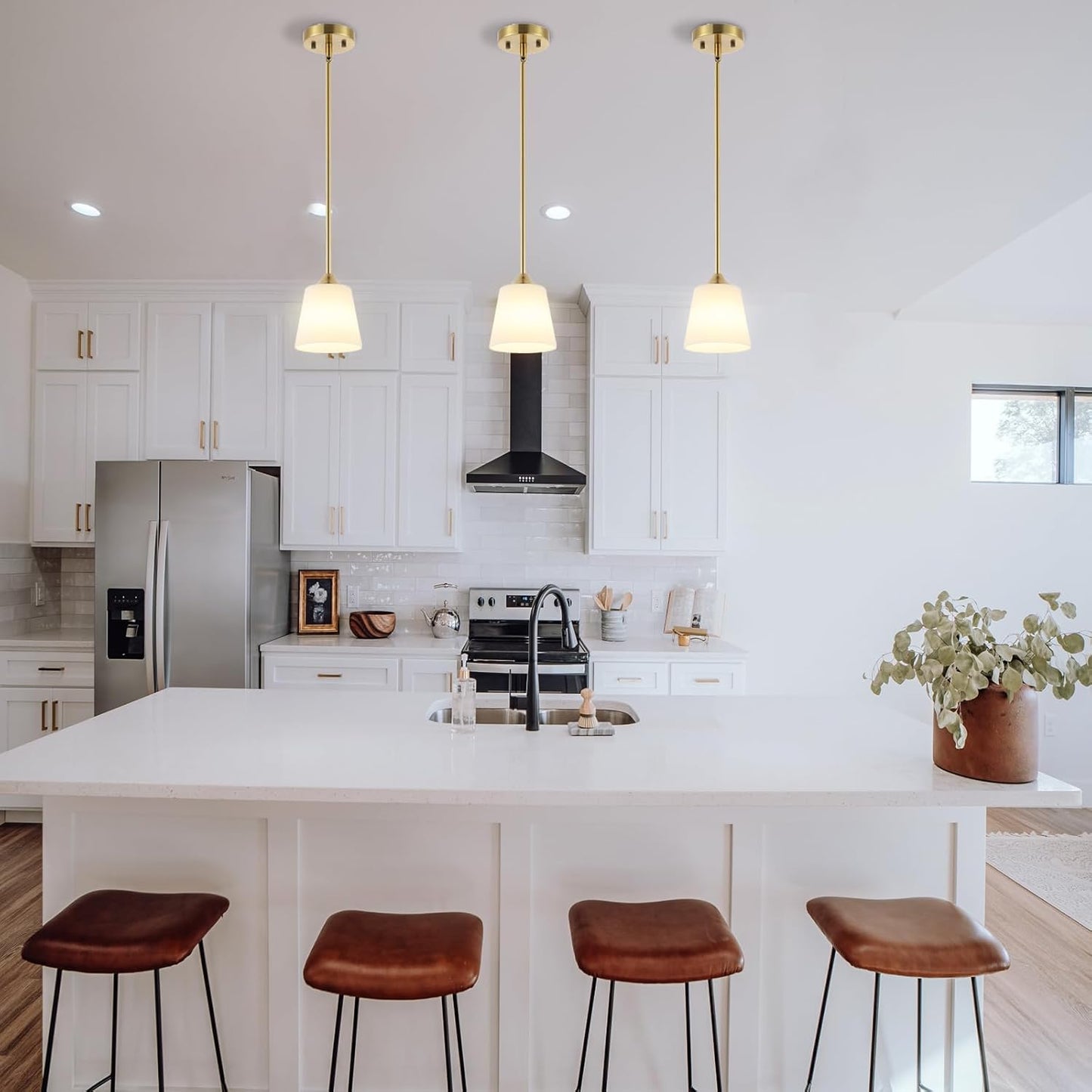 Modern Gold Pendant Light 3 Pack Brushed Brass Mid Century Chandelier White Cylinder Glass Shades Adjustable Rods Farmhouse Ceiling Hanging Lighting Fixture Kitchen Island Dining Room Bedroom