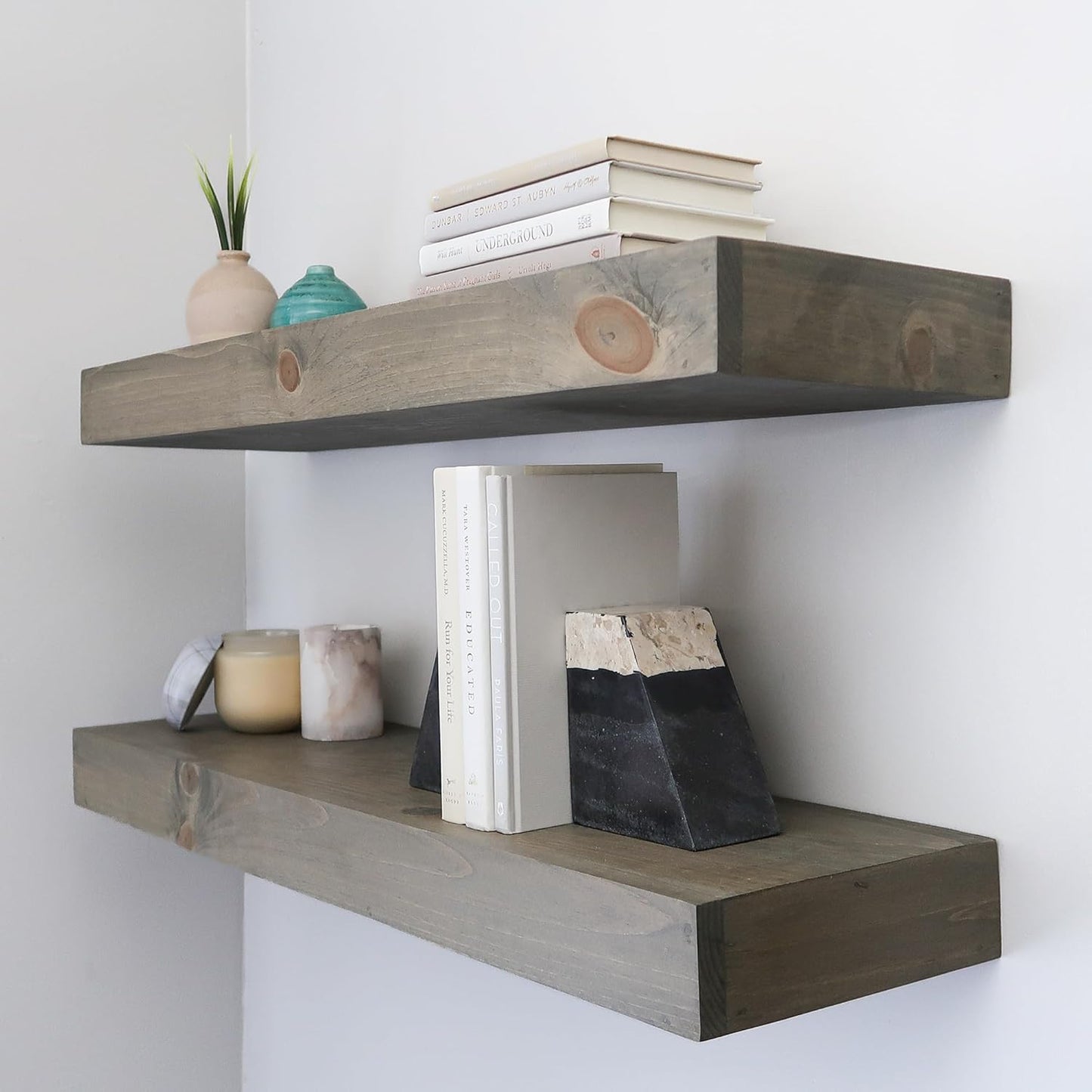 Modern Floating Shelves 3 Inches Thick for Wall, Wide Shelves for Kitchen, Living Room, Bedroom, and Bathroom, Natural Pine Wood, Rustic Wooden Shelf, (Set of 2) (Aged Barrel, 24Lx3Hx6D)