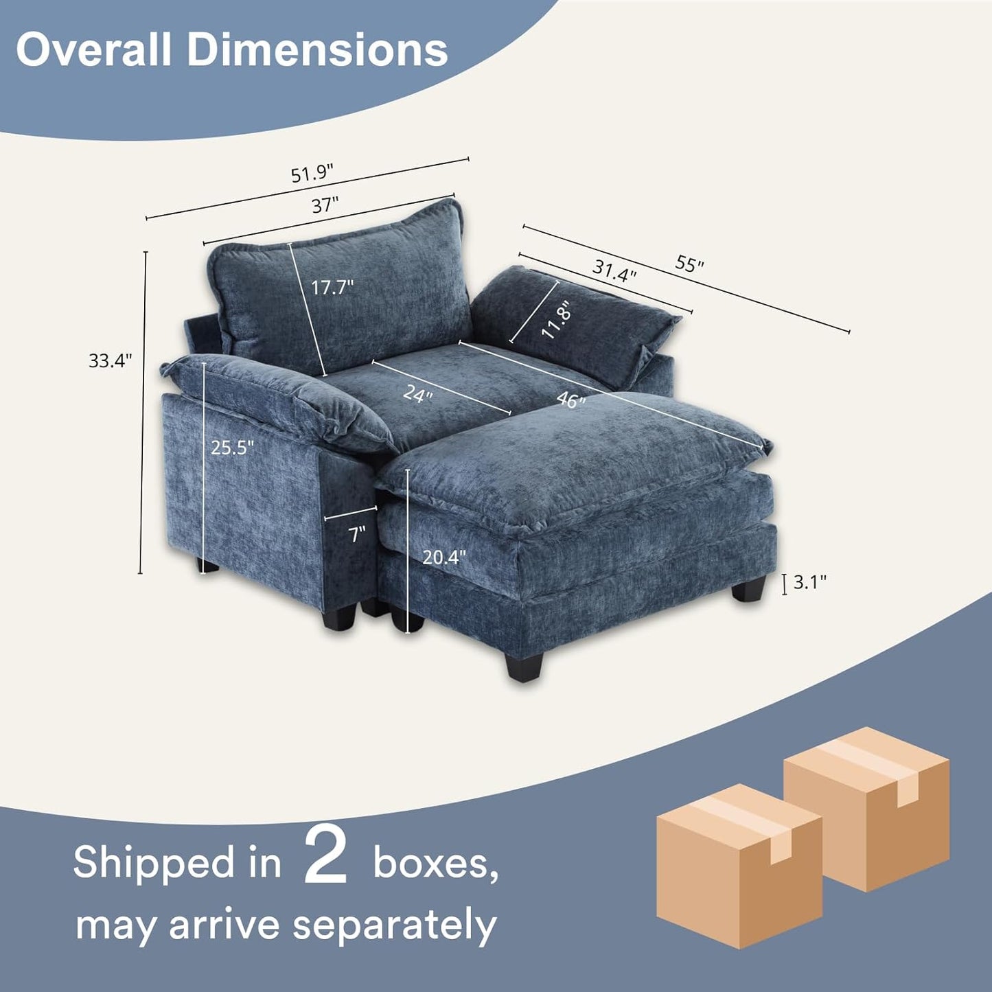 Karl home Oversized Accent Chair Chenille Sofa with Chaise, Modern Sofa Chair with Removable Ottoman Modular 1-Seater Couch and 2-Layer Ottoman for Living Room, Apartment, Studio, Dusty-Blue
