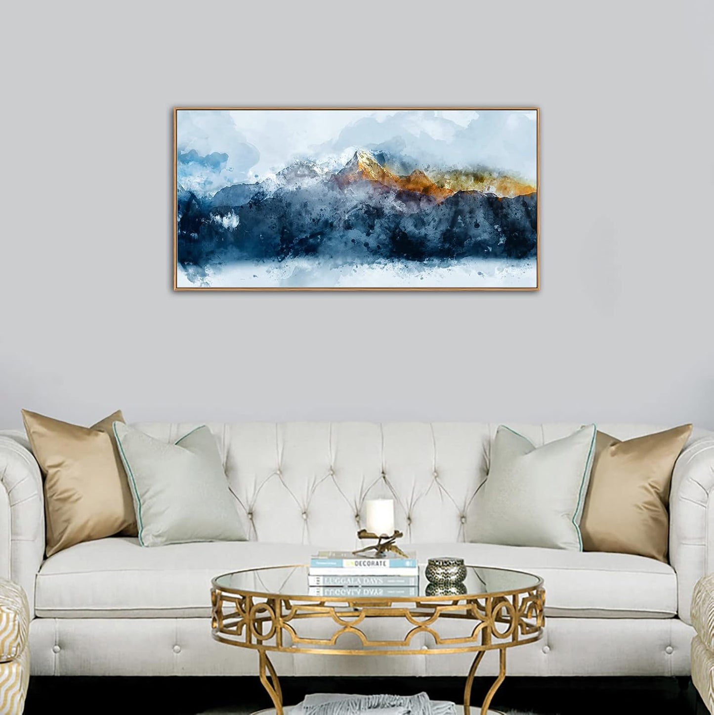 Framed Canvas Wall Art Indigo Abstract Mountain Pictures Wall Decor Blue Grey Orange Mountain Peaks Canvas Painting Prints Modern Abstract Artwork for Living Room Bedroom Decoration 24" x 48"