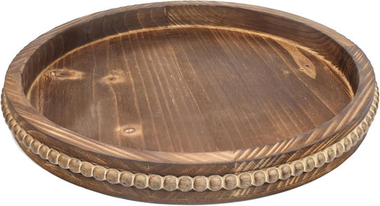 Round Burnt Wood Serving Tray with Beads, Wooden Decorative Tray for Entertaining, Decoration, and Gifting,