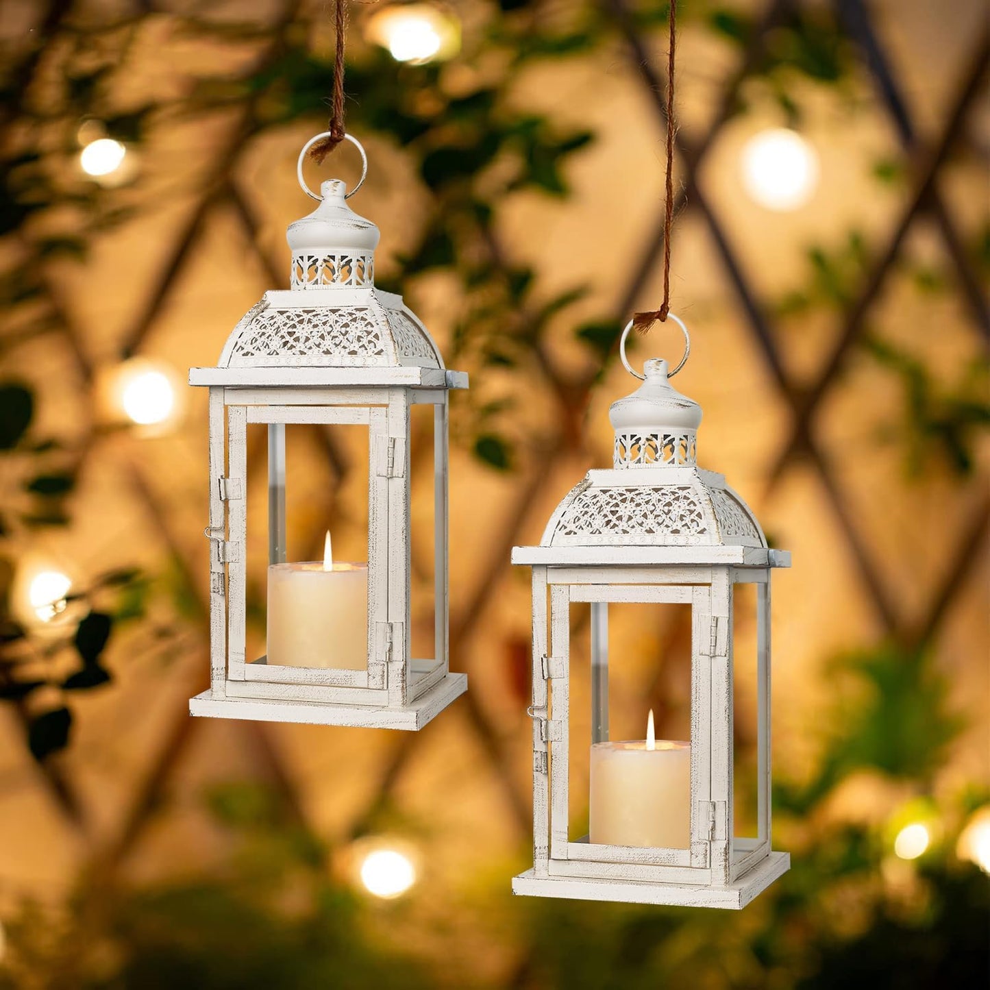 DECORKEY Lantern Decorative Indoor&Outdoor, 2 Pack 14.4'' Large Metal Candle Lanterns, Vintage Hanging Candle Holders for Farmhouse Wedding Front Porch Patio, Halloween Christmas Decorations for Home