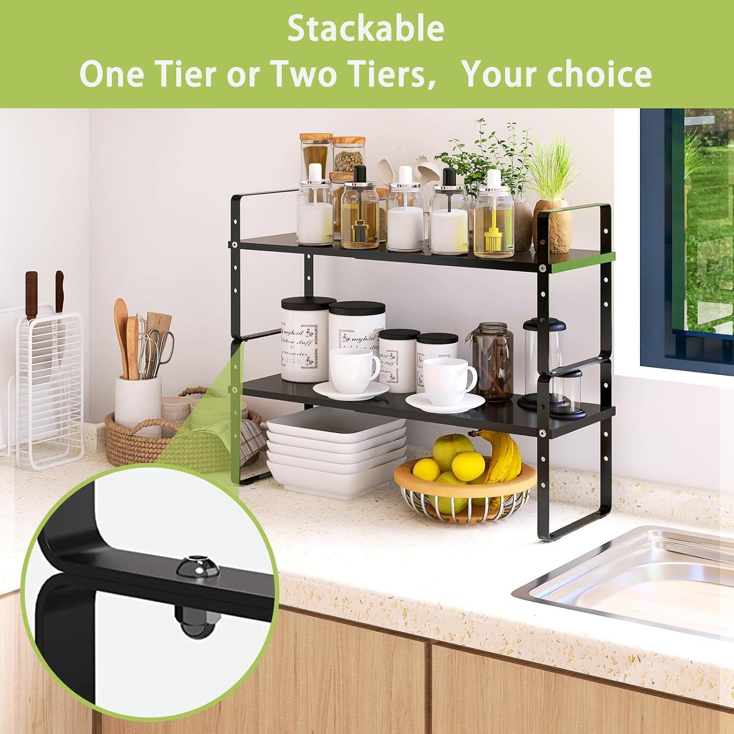 Expandable Cabinet Shelf Organizer Rack, Stackable Kitchen Counter Storage Shelves Stand, Adjustable Height Pantry Shelf Spice Rack (Black, 1 Pack)