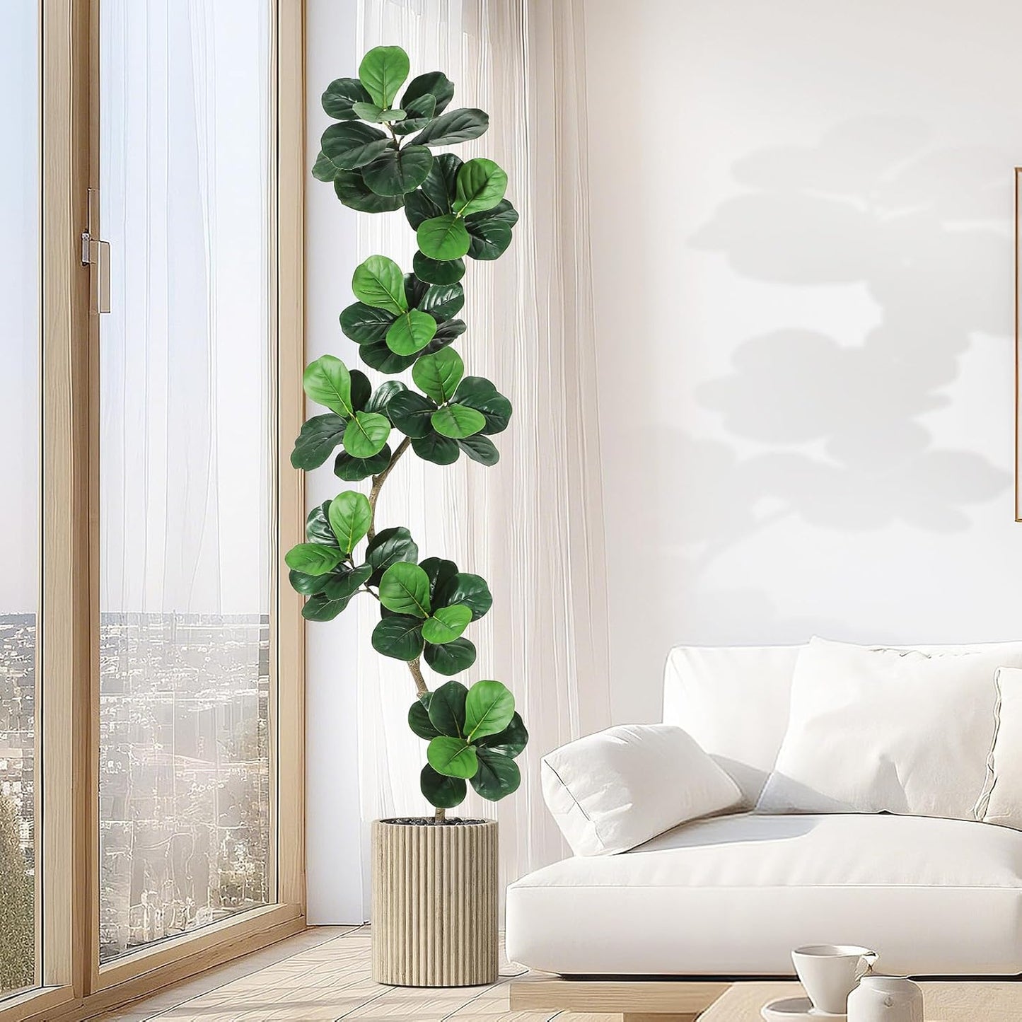 GarveeHome Fiddle Leaf Fig Artificial Tree with White Planter,7ft Faux Plants Indoor with Moss, Fake Rubber Tall Fake Floor Plant in Pot - Artificial Trees for Home Office Living Room Decor