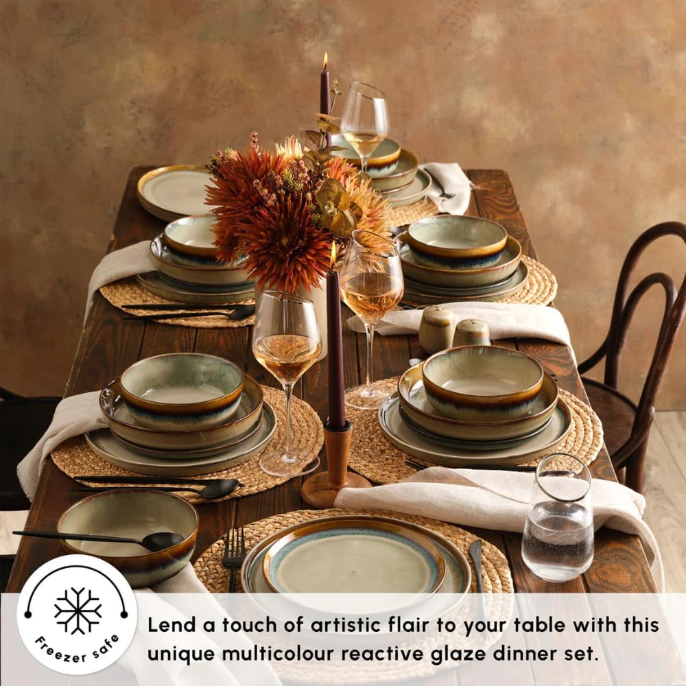Karaca Earthy 52 Piece Stoneware Plates and Bowls Set, Reactive Glaze Dinner Set, Complete Kitchen Tableware Collection, Ideal Dinnerware for 12 People Dining Experience, Dishwasher Safe