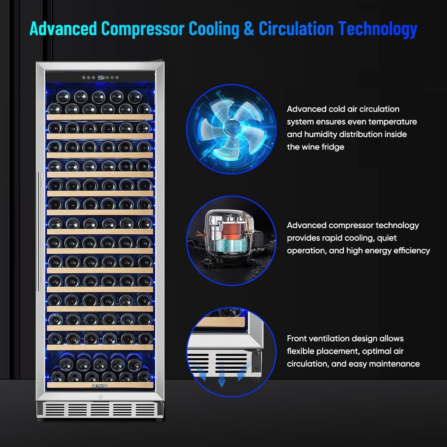 Freestanding 180 Bottle Wine Fridge - 24" Built-in Cooler with Upgraded Compressor Cooling and Intelligent Temperature Memory, Large Capacity Refrigerator