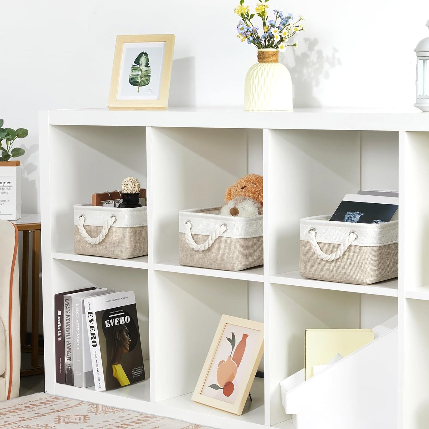 Bidtakay Small Baskets Fabric Storage Baskets for Organizing 3-Pack 12x8x5 Inch Collapsible Storage Bins for Shelves Canvas Bins for Closet Organization Baskets Storage Linen Closet S-White&Beige