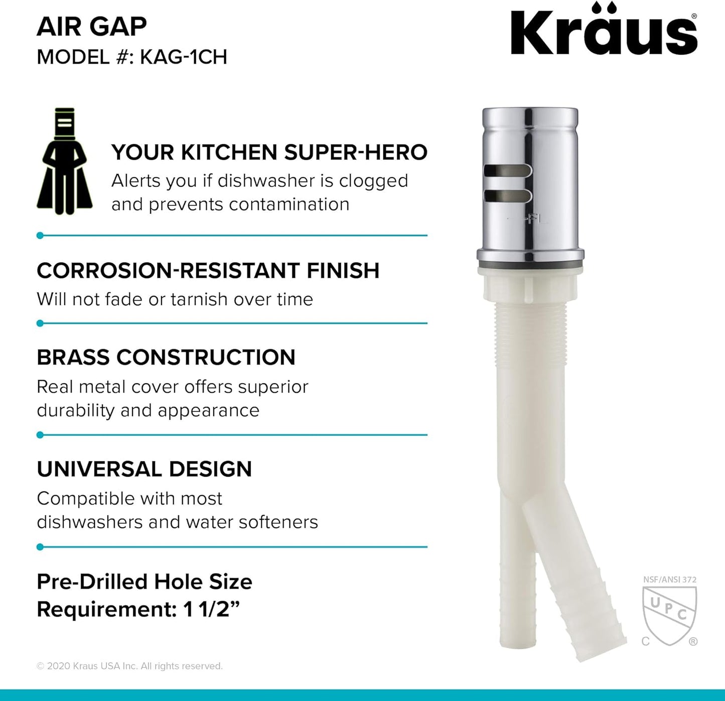KRAUS Dishwasher Air Gap in Chrome, KAG-1CH