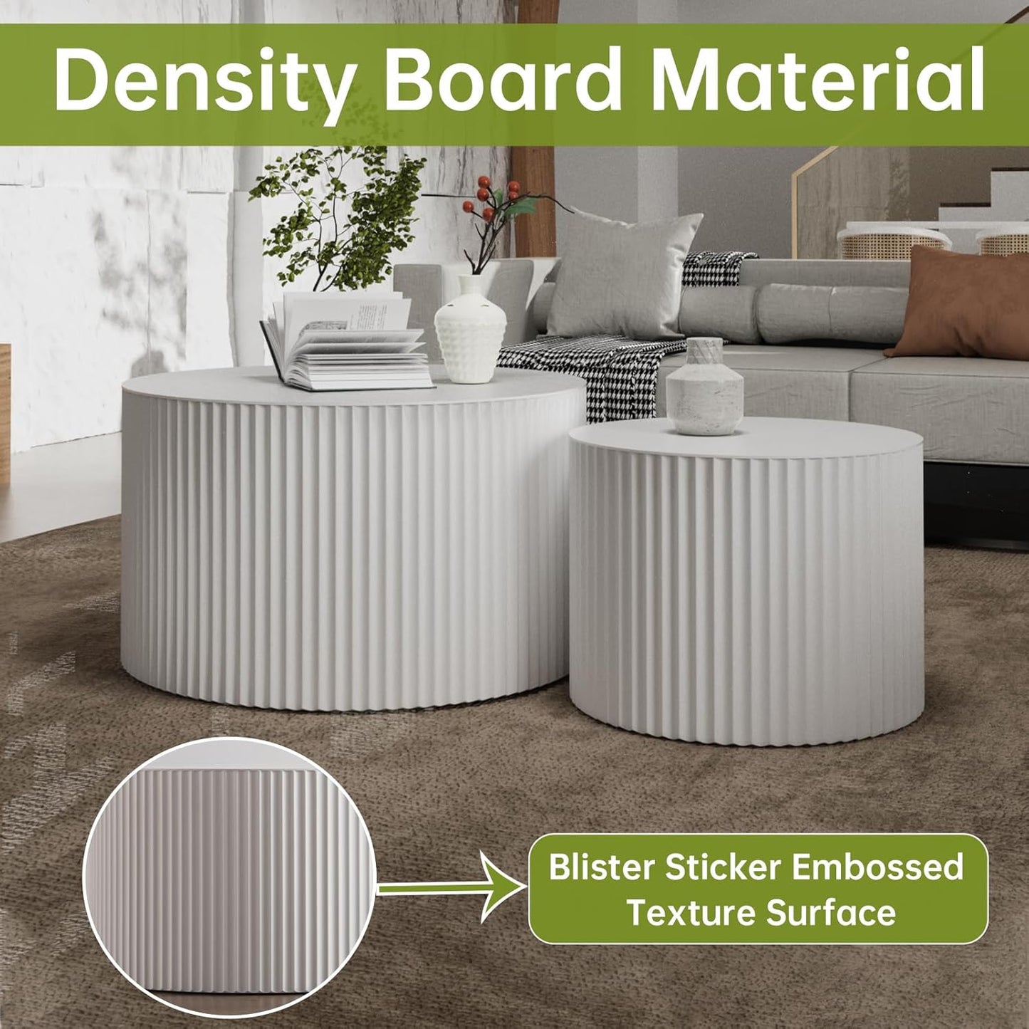 Round Nesting Coffee Table Modern White Fluted Coffee Table Set of 2 for Living Room Circle Drum Coffee Tables Round Nesting Tables for Small Spaces (White B 27in)