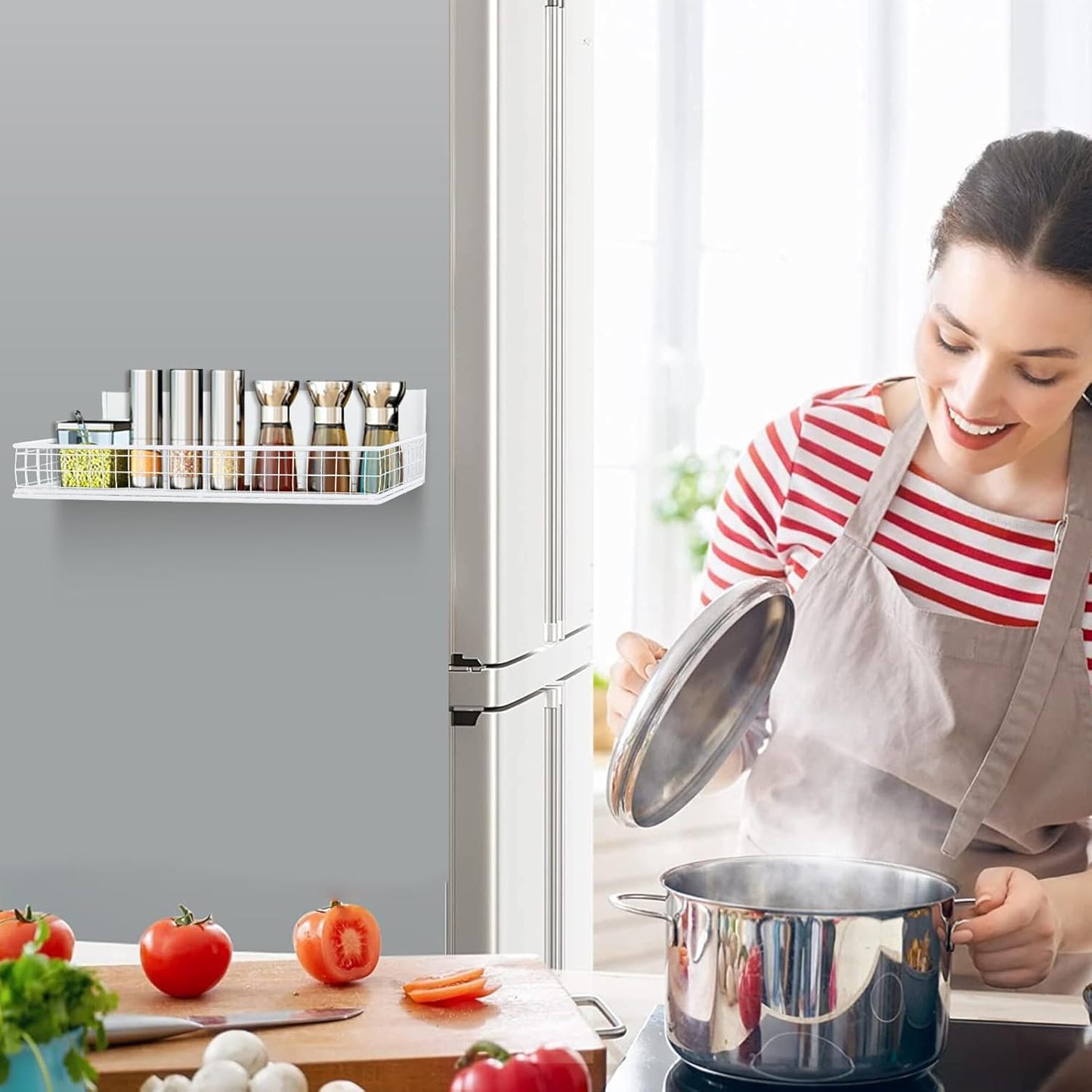 Magnetic Shelf for Fridge Magnetic Basket Organizer Wire Mesh Magnetic Holder Magnet Shelf Accessories for Office Kitchen Classroom Storage,White, 13.77" x 5.11" x 1.7"