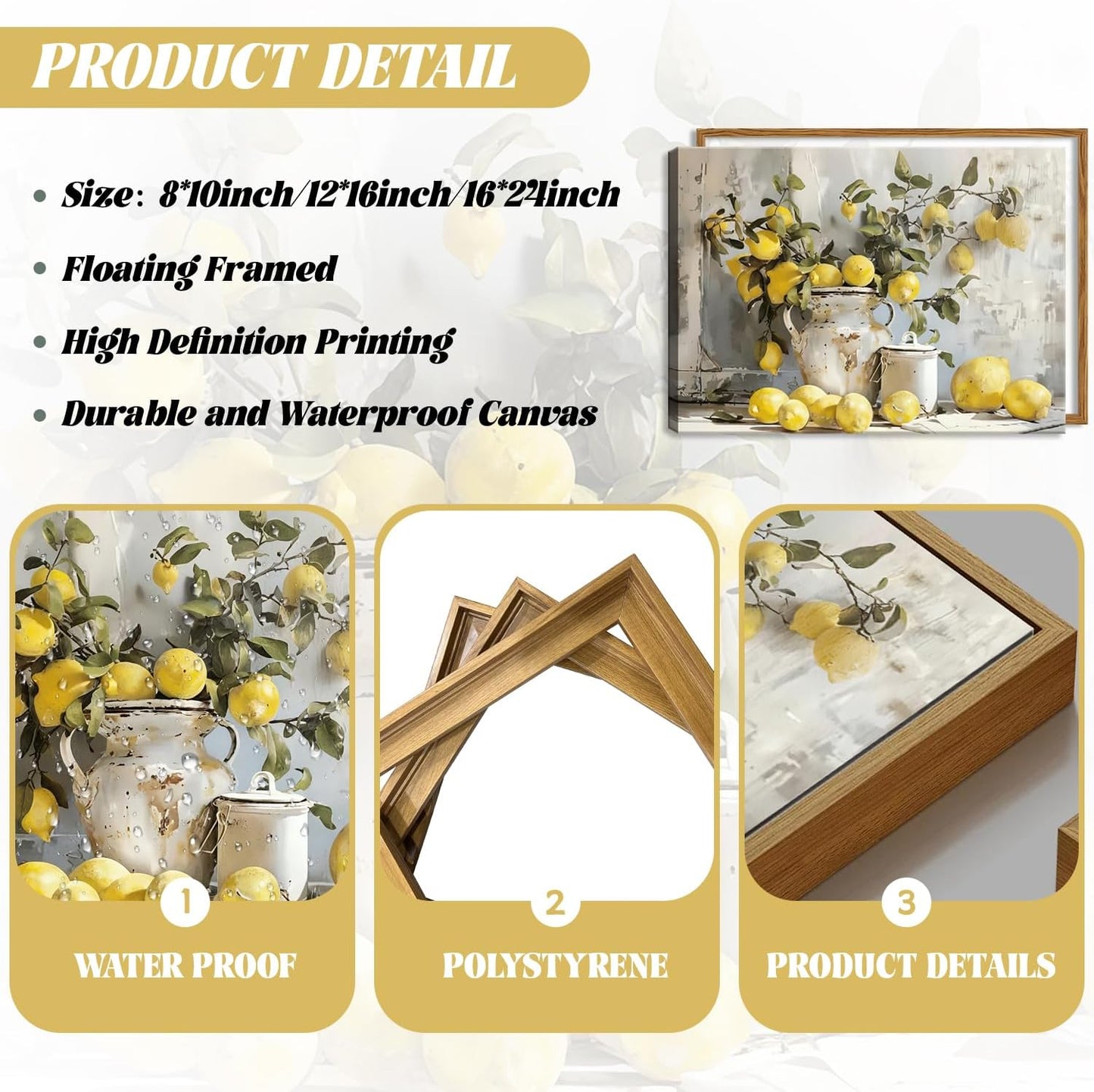 Framed Lemon Kitchen Wall Decor for Dining Room - Vintage Mustard French's Yellow Lemon Kitchen Wall Art, Rustic Oil Paintings Posters Prints for Bathroom Living Room Bedroom 8x10 inch