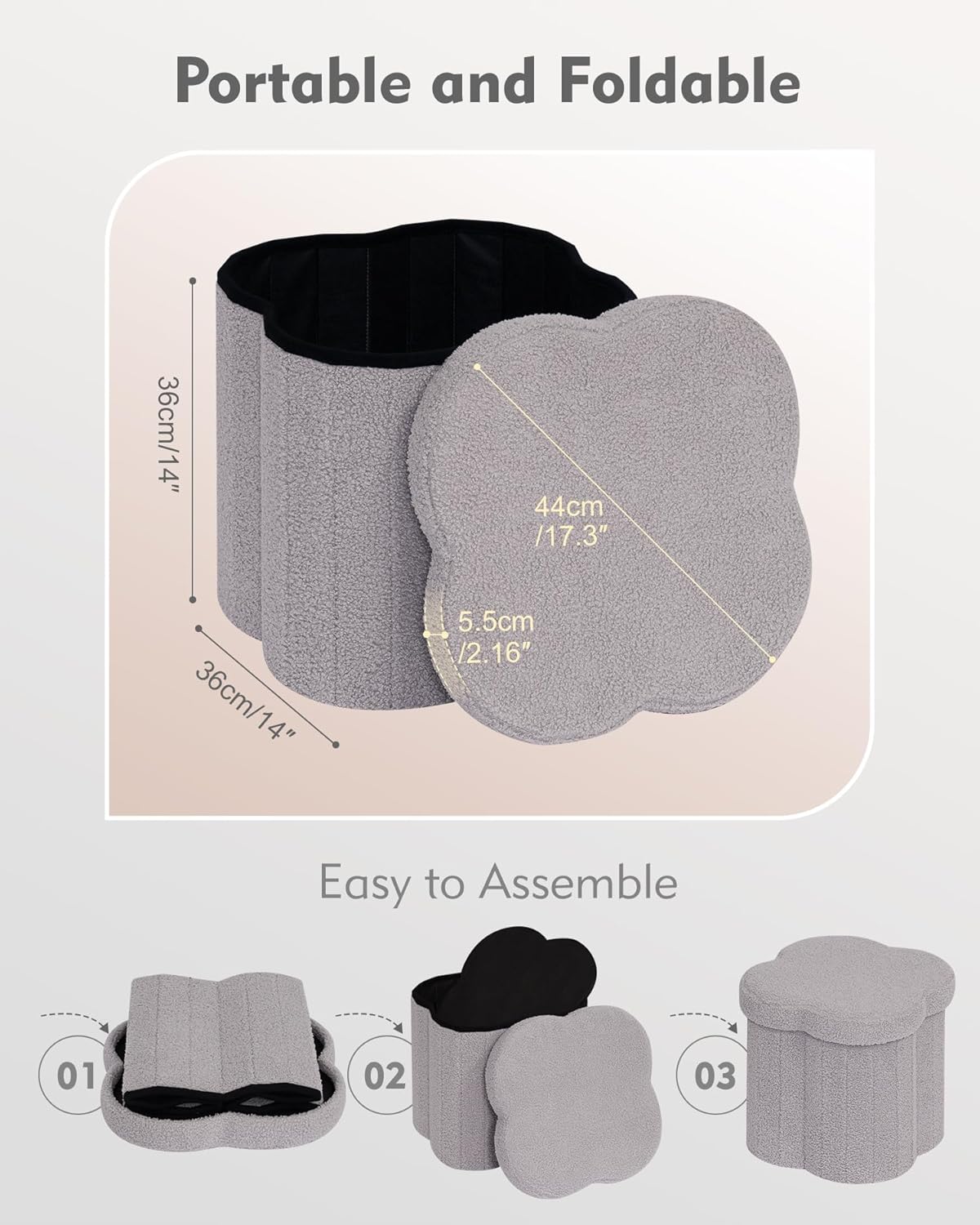 B FSOBEIIALEO Storage Ottoman Cube, Flowers Shaped Ottomans with Storage Foot Stool Footrest, Boucle Ottoman Seat for Dorm Room, Faux Teddy Fur, Grey 15"x15"x15"