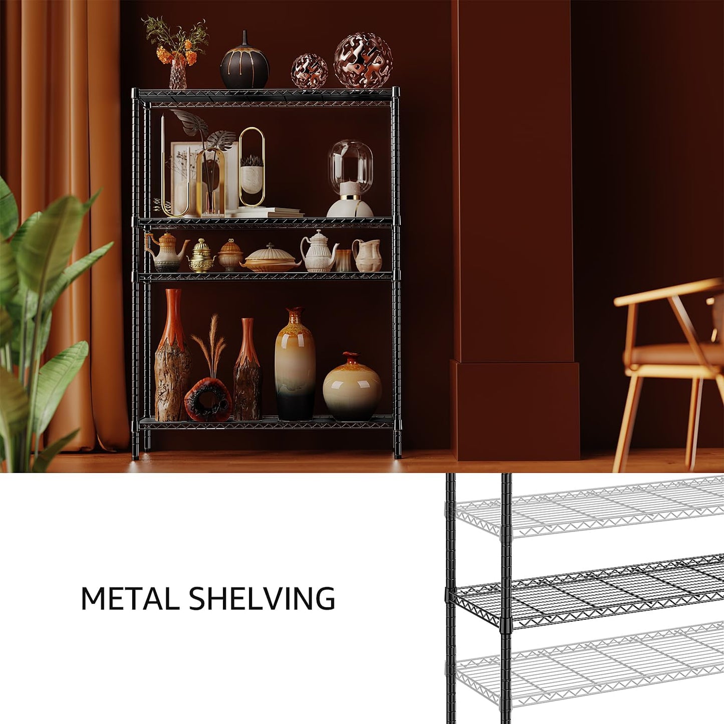 IZEUK 1400 LBS Garage Black Shelving Wide Storage Shelves 4 Tier Adjustable Heavy Duty Metal Wire Rack Standing Shelf Unit for Kitchen Office College Dorm Garage Warehouse 15.8" x 45.8"x 59.4"