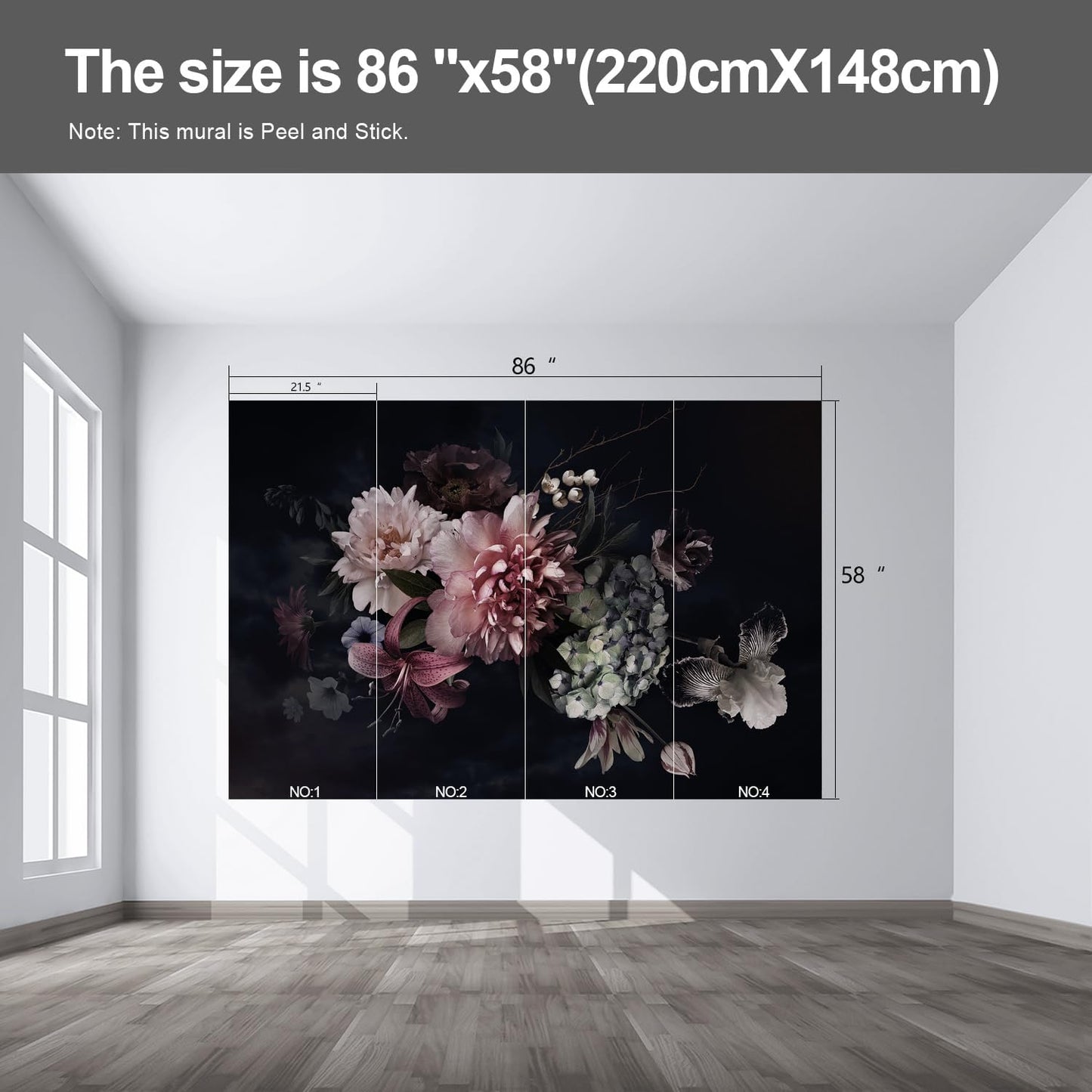 Black Floral Wall murals Peel and Stick Flowers Wallpaper for Bedroom Living Room - 58"x86"