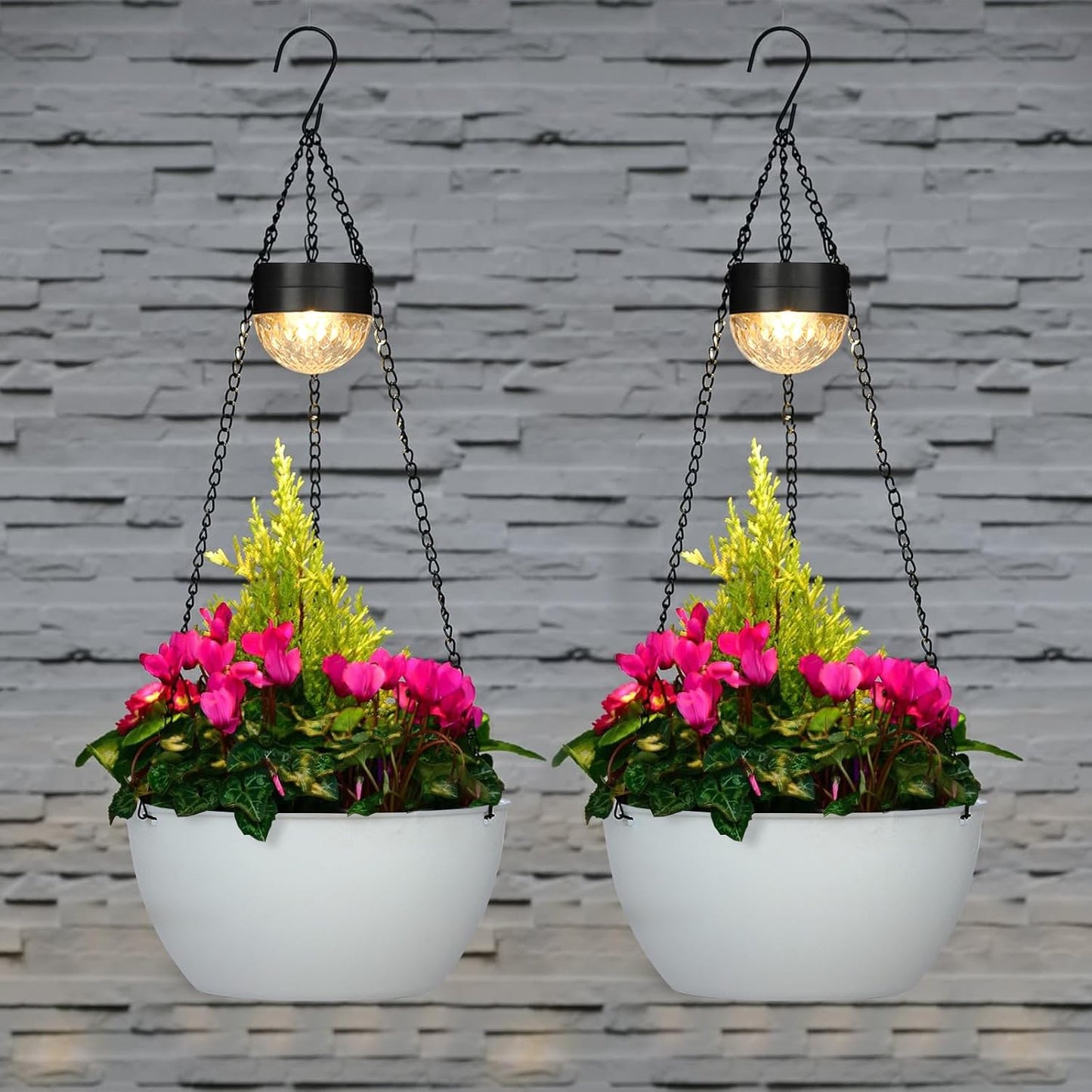 2 Packs Solar Hanging Basket Planters for Plants Outdoor, Self Watering White Flower Plants Pots with Solar Light Drainer for Balcony Patio Garden Outdoor Decoration