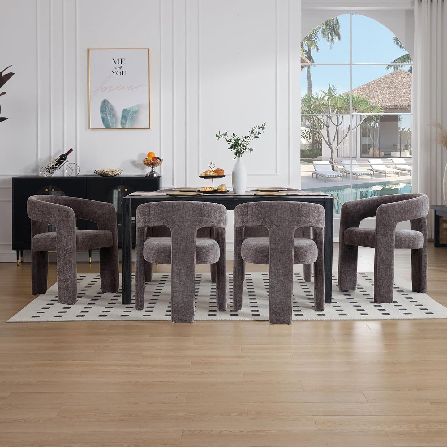 Charcoal Grey Chenille Dining Chairs Set of 4, Modern Barrel Dining Room Chairs Upholstered Accent Chair with Arms and Round Back for Living Room Kitchen Armchair No Assembly Needed