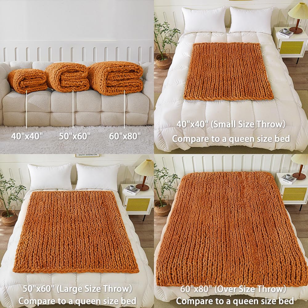WESHIONGOO Chunky Knit Blanket Throw 40"×40" Knitted Throw Blankets for Couch Bed Fall Throw Blanket Fluffy Soft Blanket with Jumbo Chenille Yarn Thick 100% Handmade (Burnt Orange)
