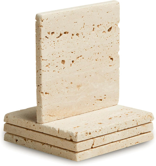 Marble Coasters – Set of 4 –Beige Travertine Bar Coasters for Drinks, Coffee –Stone Holder for Home Décor, Housewarming Gifts (Square)