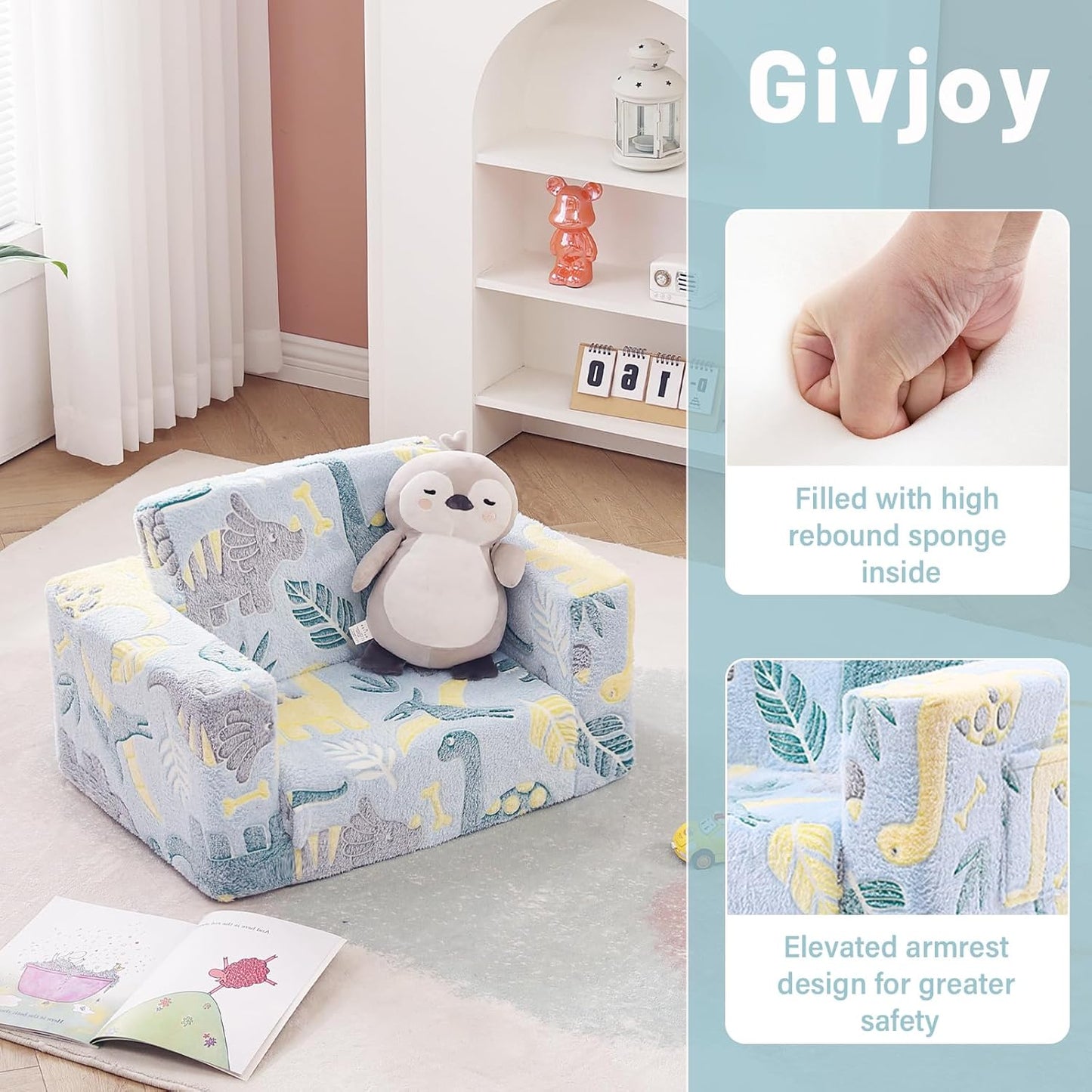 Toddler Chair Kids Couch, 2-in-1 Toddler Soft Sherpa Couch Fold Out Armchair Glow in The Dark with Removable Cover, Convertible Reading Chair Sofa for Kids, Plush Green Dinosaur