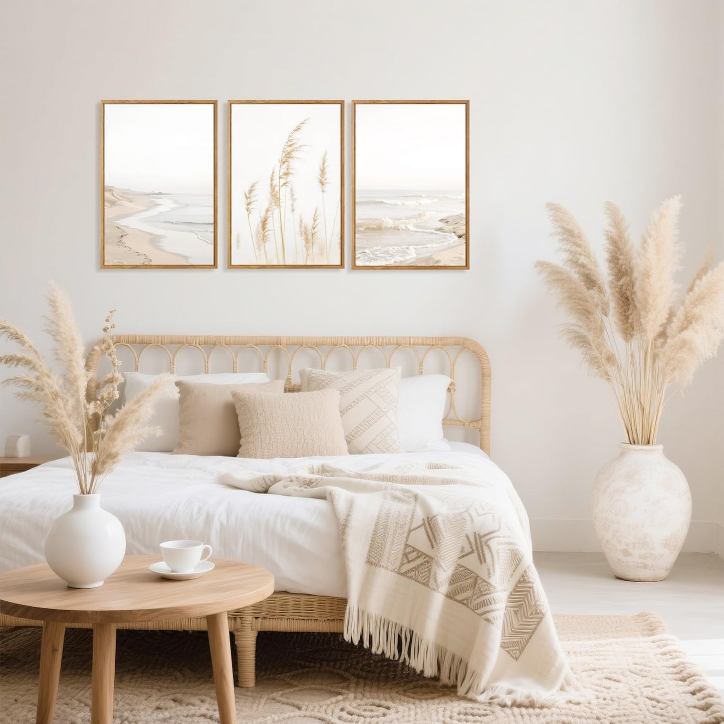 HPNIUB Modern Beach Artwork Seascape Wall Art, Seaside Framed Painting Reed Pathway Picture, Minimalist Neutral Coastal Landscape Wall Decor for Living Room,Bathroom -16'' x24'' x3