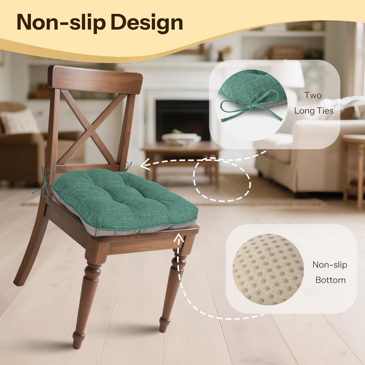 Non Slip Chair Cushions for Dining Chairs Set of 4 Kitchen Chair Cushions 18"x18"x3" Turfted Chair Pads Comfortable and Soft Seat Cushion with Ties, Dark Green