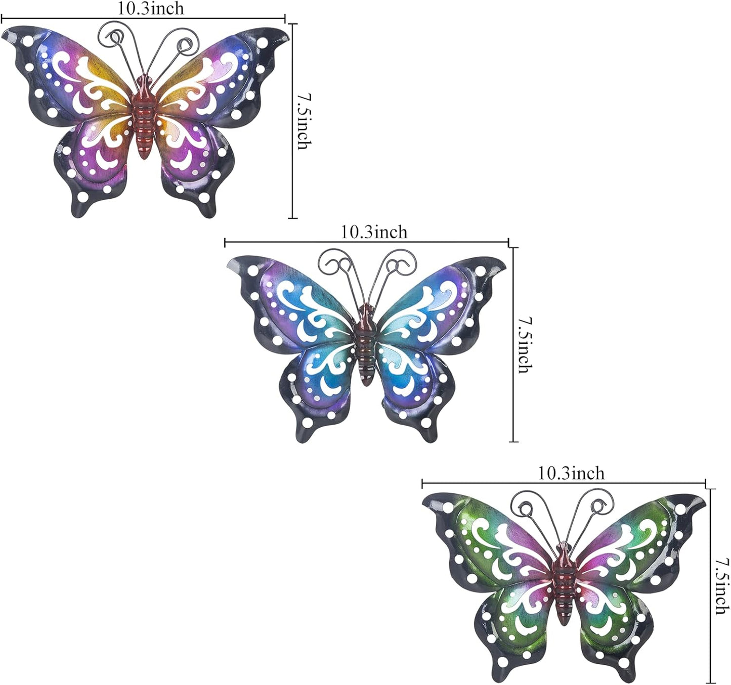 3 Pack Metal Butterfly Wall Art Outdoor Decor, Butterflies Spring Wall Sculpture Hanging Metal Wall Decorations for Garden, Patio, Fence, Yard, Living Room, Bedroom