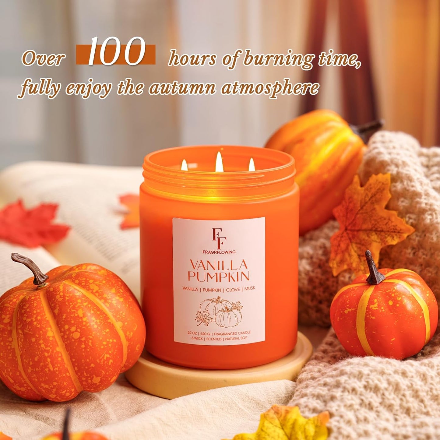 Large Fall Candle Vanilla Pumpkin Scented, 3-Wick 22oz Long Lasting Scented Candle, Natural Soy Wax Aromatherapy Candle for Home, Autumn Candle Gifts for Women Men