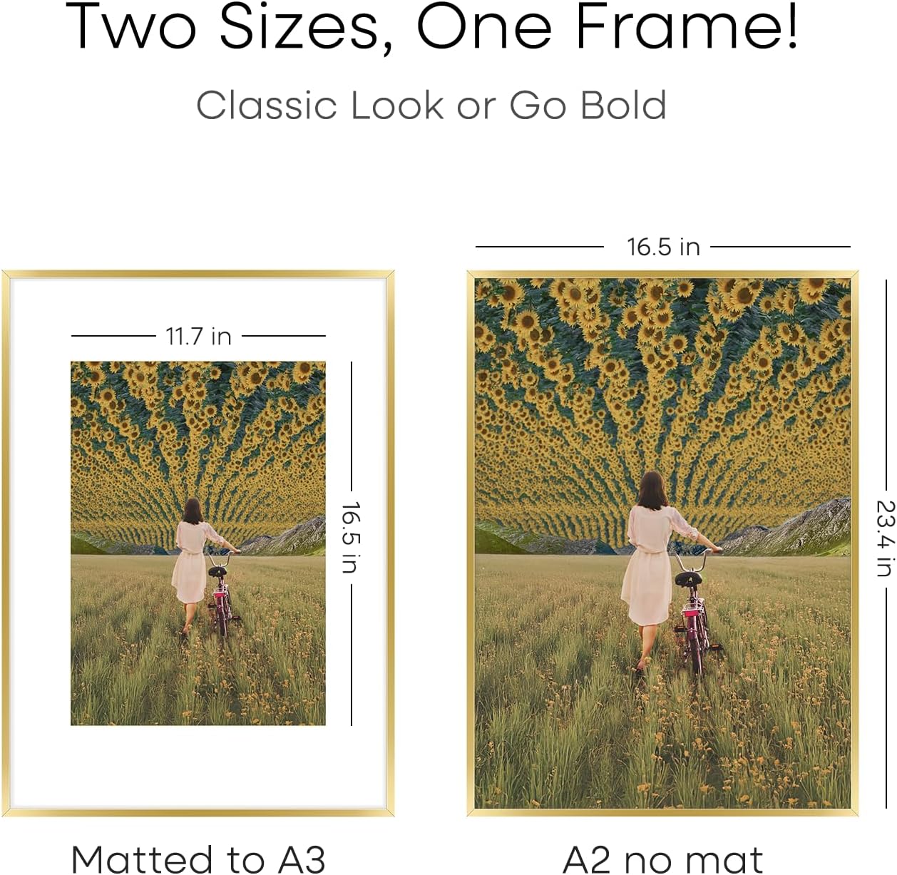 Homeforia A2 Picture Frame Gold, High End Metal 16.5 x 23.5 inches Poster Frames with Mat 11.7 x 16.5 for Photo, A2 Size Frames Matted to A3 Print, 16.5 by 23.4 Hanging Frame, Tempered Glass, Set of 1