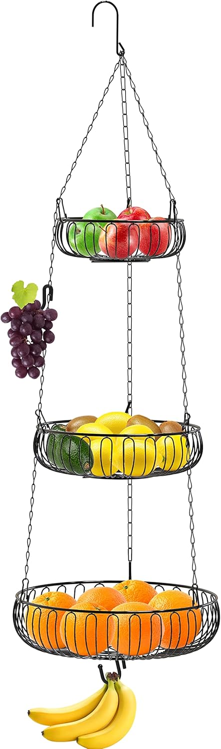 Simple Houseware Adjustable Metal Hanging Fruit Basket, Oblate, Black, 11" W x 11" L x 30" H