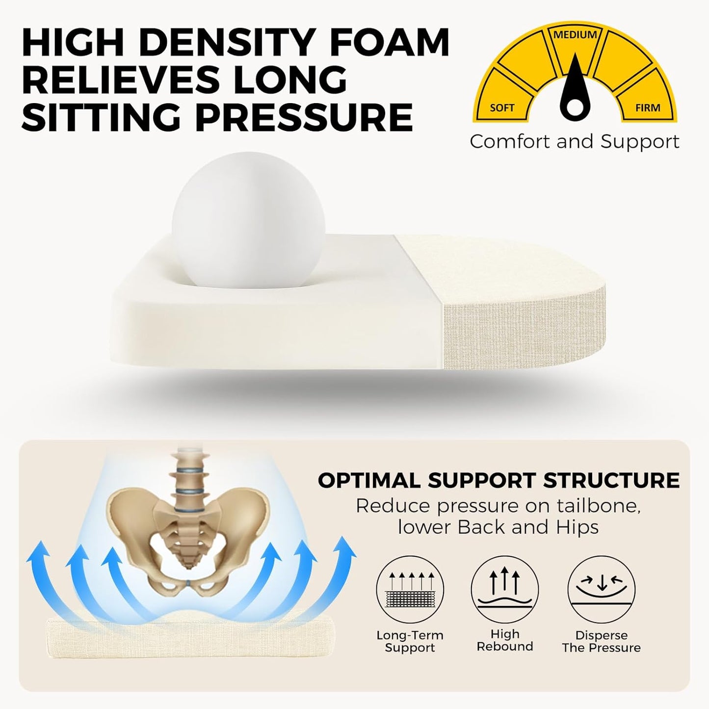 downluxe Indoor Chair Cushions for Dining Chairs, Foam Kitchen Chair Pads with Ties and Non-Slip Backing, 16" x 16" x 2", Beige, 6 Pack